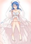  alternate_costume alternate_hairstyle blue_eyes blue_hair breasts bridal_veil cleavage dress hat kantai_collection legs_together medium_breasts navel sailor_hat sensen skirt skirt_lift solo urakaze_(kantai_collection) veil wedding_dress white_hat 