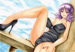 1girl artist_name bangs bare_legs black_shoes breasts dutch_angle female high_heels large_breasts leotard looking_at_viewer nail_polish nintendo no_bra one-piece_swimsuit parted_lips pokemon pokemon_(anime) professor_(pokemon) purple_hair red_eyes short_hair sitting sky smile solo swimsuit takecha traditional_media uchikido_(pokemon) 