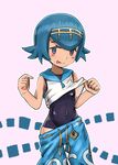  10s 1girl bangs bare_shoulders blue_eyes blue_hair blunt_bangs child closed_mouth cowboy_shot looking_at_viewer nintendo one-piece_swimsuit pokemon pokemon_sm sleeveless solo standing suiren_(pokemon) swimsuit swimsuit_under_clothes tongue tongue_out 