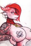  anthro big_breasts breasts dragon female kraken_(artist) looking_at_viewer nipple_tape nude pasties sketch solo tape tattoo traditional_media_(artwork) 
