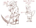  2016 age_difference aged_up anthro blood boots cigarette clothed clothing cowboy_hat disney fan_character footwear hat jonsthaman looking_at_viewer male mammal mustelid nail old older_male percy_vison polecat scar scared sickle simple_background sketch smoke smoking white_background zootopia 