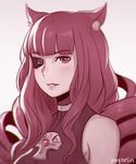  animal_ears artist_name bangs bare_shoulders blunt_bangs blush cat_ears cross cybernetic_eye drill_hair eyebrows eyebrows_visible_through_hair koyorin long_hair monochrome parted_lips red red_eyes red_hair smile solo stella_hoshii upper_body va-11_hall-a 