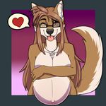  &lt;3 2016 anthro belly big_belly black_border border breasts brown_eyes brown_fur brown_hair canine crossed_arms eyewear female fur glasses hair jewelry long_hair mammal navel necklace nude pregnant pregoo raised_tail smile solo speech_bubble tongue tongue_out xanderblaze 