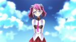  1girl animated animated_gif blinking blue_eyes clouds eyelashes hiiragi_yuzu looking_at_viewer multicolored_hair musical_note necktie pink_hair red_skirt school skirt sky solo two-tone_hair uniform yu-gi-oh! yuu-gi-ou_arc-v 