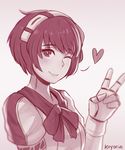  ;) artist_name bangs closed_mouth dorothy_(va-11_hall-a) eyebrows eyebrows_visible_through_hair hairband head_tilt heart koyorin monochrome one_eye_closed puffy_short_sleeves puffy_sleeves red scanlines short_hair short_sleeves smile solo swept_bangs upper_body v va-11_hall-a 