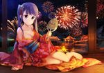  2016 :&gt; arm_support artist_name barefoot blush breasts brown_eyes cleavage closed_mouth dated eyebrows eyebrows_visible_through_hair fan fireworks floral_print full_body hair_ornament head_tilt holding holding_fan japanese_clothes kanzashi kimono long_hair medium_breasts mountain new_game! night night_sky number off_shoulder outdoors purple_hair sky smile solo star_(sky) starry_sky suzukaze_aoba twintails very_long_hair water wooden_floor yimn-fletcher 