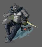  2015 5_fingers canine claws clothed clothing dagger fingerless_gloves fur gloves grey_fur huka jeans male mammal melee_weapon pants solo standing topless weapon wolf yellow_eyes 