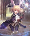  animal_ears belt black_bow blonde_hair bow brown_gloves bunny_ears gloves hair_bow harupy highres holding holding_staff official_art open_mouth portcullis rabbit_healer red_eyes shadowverse sheath sheathed shingeki_no_bahamut solo staff standing sword watermark weapon white_legwear 