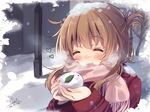  blush brown_hair closed_eyes commentary_request dated folded_ponytail inazuma_(kantai_collection) kantai_collection mitsuki_ponzu scarf signature smile snow snow_bunny snow_on_head solo 