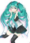  aqua_eyes aqua_hair black_legwear grin hair_tousle hatsune_miku highres long_hair looking_at_viewer mizuiro_32 skirt smile solo thighhighs twintails very_long_hair vocaloid white_background zettai_ryouiki 