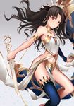  armlet asymmetrical_legwear bangs bare_shoulders barefoot between_legs black_hair blue_legwear blurry breasts cleavage closed_mouth crown depth_of_field earrings fate/grand_order fate_(series) floating_hair gem glint grey_background hair_ribbon heavenly_boat_maanna highres holding holding_weapon hoop_earrings ishtar_(fate/grand_order) jewelry long_hair long_legs looking_at_viewer navel neck_ring necklace pelvic_curtain red_eyes ribbon scal2let single_thighhigh small_breasts smile solo stomach thighhighs thighlet two_side_up weapon 