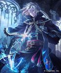  belt black_gloves blue_eyes book cape cross cross_necklace dagger eyewear_removed floating_book glasses gloves harupy highres holding holding_eyewear indoors jewelry looking_at_viewer male_focus necklace official_art shingeki_no_bahamut solo standing watermark weapon white_hair 