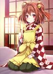  apron bell blush checkered checkered_shirt clothes_writing commentary_request ebi_193 hair_bell hair_ornament highres japanese_clothes jingle_bell kimono looking_at_viewer mimikaki motoori_kosuzu red_eyes red_hair seiza shirt sitting smile solo touhou two_side_up wide_sleeves 