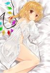  absurdres alternate_costume bare_legs blonde_hair blouse breasts flandre_scarlet hair_between_eyes highres looking_at_viewer lying niseneko_(mofumofu_ga_ienai) no_pants on_side open_blouse open_clothes oversized_clothes red_eyes short_hair side_ponytail sleeves_past_wrists small_breasts smile solo thighs touhou undressing white_blouse wings 