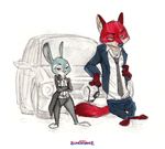  2016 anthro canine car clothed clothing crossed_arms disney duo eyewear female fox judy_hopps lagomorph male mammal monoflax necktie nick_wilde rabbit simple_background suit sunglasses vehicle white_background zootopia 