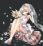  ascot bad_feet bad_leg bare_shoulders dress elbow_gloves feathered_wings feathers frilled_dress frills full_body gloves grey_background hair_between_eyes high_heels highres houdukixx kishin_sagume knees_up long_legs looking_at_viewer orange_eyes shoes short_hair silver_hair single_wing sitting solo touhou veil wedding_dress white_dress white_footwear white_gloves wings 