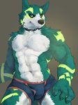  2016 5_fingers black_nose black_sclera boxers_(clothing) bulge canine claws clothed clothing collar fur green_eyes green_fur huka looking_at_viewer male mammal navel simple_background solo topless underwear white_fur wolf 