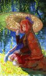  amibazh blouse blue_bow bow cape fine_art_parody floral_print hair_bow hanging_plant high_collar holding holding_umbrella kneeling long_sleeves oriental_umbrella outdoors parody red_blouse red_cape red_eyes red_hair ribbon-trimmed_headwear ribbon_trim sekibanki short_hair skirt solo touhou umbrella water 