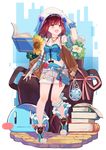  :d atelier_(series) atelier_firis atelier_sophie backpack bag bare_legs blue_shirt book bow brown_hair flower full_body gloves hat highres jewelry looking_to_the_side necklace open_mouth partly_fingerless_gloves pink_bow puni_(atelier) ryuuno6 shiny shiny_skin shirt shoes short_hair shorts smile solo sophie_neuenmuller star star-shaped_pupils striped symbol-shaped_pupils vertical_stripes white_hat wrist_cuffs yellow_eyes 