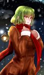  absurdres alternate_costume blush breath brown_gloves brown_jacket commentary_request fur_trim gloves green_hair highres itocoh jacket kazami_yuuka lamppost long_sleeves looking_away nose_blush parted_lips red_eyes red_scarf scarf short_hair snowing solo touhou upper_body 
