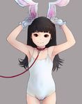  animal_ears armpits arms_up black_hair bunny_ears cameltoe collar flat_chest gekkou_(geccomajin) gloves leash long_hair looking_at_viewer one-piece_swimsuit original red_eyes simple_background solo swimsuit 