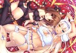  2girls animal_ears azuki_(sayori) bicolored_eyes blonde_hair blush bra breasts brown_eyes brown_hair catgirl cleavage coconut_(sayori) long_hair navel nekopara photoshop sayori scan underwear 