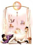  1girl all_fours bathing bathtub black_hair brown_hair devil_summoner finger_to_mouth hair_over_eyes highres holster jewelry kazuma_kaneko kuzunoha_kyouji necklace obariyon official_art plant pompadour reiho_rei shin_megami_tensei showering sneaking 