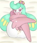  anthro anus bed big_butt bunearyk butt female green_hair hair hi_res lying nintendo on_bed pink_eyes pok&eacute;mon pussy raised_leg solo thick_thighs tsareena video_games 
