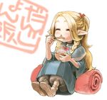  bedroll blonde_hair bowl braid dated dungeon_meshi eating elf hair_ornament komakuchi_mame long_hair marcille pointy_ears sitting solo spoon 