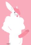  2016 anthro balls erection fluffy fur hair lagomorph looking_at_viewer male mammal nude penis pink_hair rabbit simple_background smile solo text waismuth white_fur 