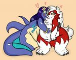  &lt;3 ambiguous_gender anthro belly belly_squish bunearyk duo embrace female female/ambiguous fur hug lycanroc midnight_lycanroc nintendo overweight pok&eacute;mon red_fur salazzle simple_background tan_background thick_thighs tngue video_games white_fur wide_hips yellow_eyes 