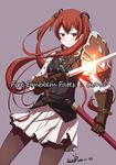  2016 black_ribbon brown_gloves character_name copyright_name cowboy_shot dated fire_emblem fire_emblem_if glint gloves hair_ribbon holding holding_sword holding_weapon kero_sweet long_hair luna_(fire_emblem_if) pantyhose pauldrons pleated_skirt purple_background red_eyes red_hair ribbon signature skirt solo standing sword twintails unsheathed very_long_hair weapon 