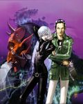  2boys artist_name azazel_(megami_tensei) beard black_hair bodysuit demon earrings eyewear_on_head facial_hair highres horns jacket jewelry kazuma_kaneko landscape lipstick makeup megumi_shiraishi multiple_boys nemissa official_art pale_skin pointy_ears red_skin screw shin_megami_tensei shujinkou_(devil_summoner) soul_hackers watch white_hair wristwatch zipper 