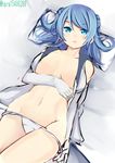  bed blue_eyes blue_hair breasts breasts_apart double_bun elbow_gloves gloves highres irohasu kantai_collection large_breasts looking_at_viewer lying navel no_bra on_back open_clothes open_mouth panties panty_pull pillow school_uniform serafuku solo twitter_username underboob underwear urakaze_(kantai_collection) white_gloves white_panties 
