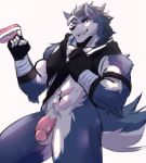  anthro balls bottomless canid canine canis clothed clothing flaccid humanoid_penis looking_at_viewer male mammal muscular muscular_male open_mouth penis solo soraa standing wolf 