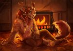  2016 blue_eyes braided_hair catchirps charr fangs feline female fireplace guild_wars hair horn inside looking_at_viewer mammal reclining rug smile solo video_games 