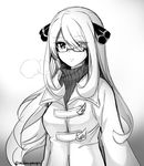  1girl female glasses long_hair mintes monochrome nintendo pokemon pokemon_champion pokemon_dppt shirona_(pokemon) solo 