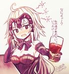  ahoge alcohol black_legwear blonde_hair blush breasts cleavage cup drinking_glass drunk elbow_gloves fate/grand_order fate_(series) gloves headpiece holding holding_cup jeanne_d'arc_(alter)_(fate) jeanne_d'arc_(fate)_(all) long_hair looking_at_viewer medium_breasts nose_blush open_mouth shio_kuzumochi signature solo translated wine_glass yellow_eyes 