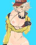  ban baseball_cap bikini bikini_aside bikini_tan bikini_top black_gloves blonde_hair blue_background blush bottomless breasts cidney_aurum commentary_request cropped_jacket dirty dirty_face final_fantasy final_fantasy_xv gloves goggles goggles_around_neck hat highres jacket large_breasts looking_at_viewer navel nipples open_clothes open_jacket out-of-frame_censoring short_hair simple_background smile solo swimsuit swimsuit_aside swimsuit_under_clothes tan tanline upper_body yellow_eyes 