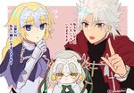  2girls :o amakusa_shirou_(fate) armor bell blonde_hair blue_eyes blush brown_eyes capelet chain check_translation cross fate/apocrypha fate/grand_order fate_(series) flying_sweatdrops hair_ribbon headpiece index_finger_raised jeanne_d'arc_(alter)_(fate) jeanne_d'arc_(fate) jeanne_d'arc_(fate)_(all) jeanne_d'arc_alter_santa_lily long_hair looking_at_viewer multiple_girls open_mouth partially_translated ribbon star translation_request twitter_username two-tone_background yanagiba_kiriko yellow_eyes 