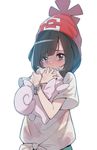  beanie black_eyes black_hair clefairy crying crying_with_eyes_open gen_1_pokemon hat highres hug mizuki_(pokemon) pokemon pokemon_(creature) pokemon_(game) pokemon_sm red_hat shirt short_hair simple_background solo spoilers stuffed_toy supernew tears tied_shirt white_background z-ring 