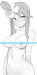  1girl breasts censored female fuuro_(pokemon) gym_leader long_hair monochrome nakamura_(marakimi) navel nintendo nipples nude pokemon pokemon_bw ponytail simple_background solo spot_color white_background 