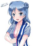  2016 blue_eyes blue_hair blush bra breasts cleavage collarbone dated double_bun gobera kantai_collection large_breasts lawson open_mouth round_teeth shirt short_sleeves simple_background smile solo striped striped_shirt teeth twitter_username underwear unzipping upper_body urakaze_(kantai_collection) vertical-striped_shirt vertical_stripes white_background 