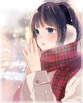  bangs blue_eyes blush breath brown_hair checkered checkered_scarf close-up coat cold commentary earmuffs enpera eyebrows eyebrows_visible_through_hair highres open_mouth original own_hands_together recotasan red_scarf scarf snow solo teeth upper_body zoom_layer 