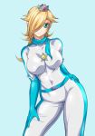  1girl blonde_hair blue_background bodysuit breasts commentary_request cowboy_shot crown earrings elbow_gloves gloves green_eyes hair_over_one_eye highres jewelry large_breasts mario_(series) mini_crown nintendo ozaneko rosetta_(mario) solo star star_earrings super_mario_galaxy zero_suit 