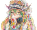  buttons closed_mouth coin_(ornament) facepaint flower fur_trim gem green_hair hair_between_eyes headdress horns lace looking_at_viewer original pom_pom_(clothes) red_flower red_rose rose runta simple_background solo traditional_clothes traditional_media turtleneck upper_body watercolor_(medium) white_background yellow_eyes yellow_flower yellow_rose 