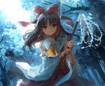  ascot bow brown_eyes brown_hair detached_sleeves forest gohei hair_bow hair_tubes hakurei_reimu holding japanese_clothes long_hair long_sleeves looking_at_viewer nature nontraditional_miko oonusa outdoors red_bow red_skirt ribbon-trimmed_sleeves ribbon_trim skirt skirt_set smile solo sunlight touhou tree tyokopai911 wide_sleeves yellow_neckwear 