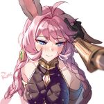  1boy 1girl ahoge aki663 animal_ears bangs bare_shoulders blue_eyes blush braid breasts erune esser eyebrows_visible_through_hair gauntlets gloves granblue_fantasy hair_ornament hand_on_another&#039;s_head long_hair looking_at_viewer looking_away out_of_frame petting pink_hair pov pov_hands quatre_(granblue_fantasy) sleeveless smile very_long_hair 