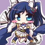  1girl animal_ears azur_lane bangs bare_legs bare_shoulders black_footwear blue_eyes blue_hair blue_sleeves blush cat_ears chibi commentary_request detached_sleeves dress eyebrows_visible_through_hair fan folding_fan geo_(yukishitadou) hair_ornament holding holding_fan jintsuu_(azur_lane) looking_at_viewer one_side_up pleated_dress solo swept_bangs white_dress 
