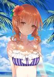  &gt;:( alternate_hairstyle bikini blue_sky breasts cleavage cloud cloudy_sky collarbone day eyebrows eyebrows_visible_through_hair flower frilled_bikini frills frown hair_between_eyes hair_flower hair_ornament halter_top halterneck hibiscus highres innertube kinokohime light_frown looking_at_viewer low_twintails medium_breasts misaka_mikoto navel ocean orange_eyes orange_hair palm_tree pout red_flower ribbon sky solo striped striped_bikini swimsuit to_aru_kagaku_no_railgun to_aru_majutsu_no_index tree twintails upper_body v-shaped_eyebrows vertical_stripes white_ribbon 